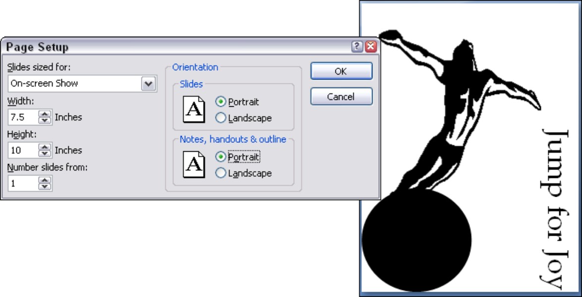 Figure 1-8: The Page Setup dialog box (left) and a portrait-style slide (right).